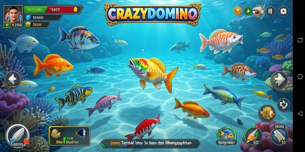 Tampilan gameplay seru CRAZYDOMINO saat menembak ikan di bawah laut.