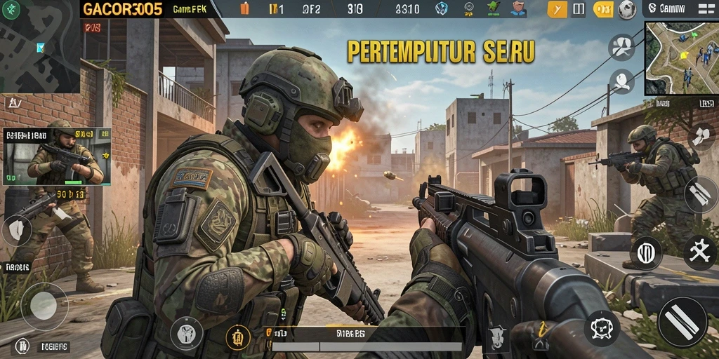 Screenshot GACOR305 menampilkan aksi tembak-menembak yang intens.