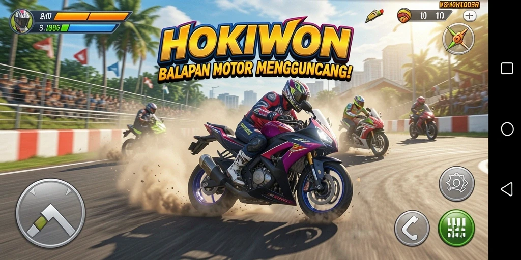 Tampilan gameplay HOKIWON dengan kecepatan tinggi dan trek menantang.