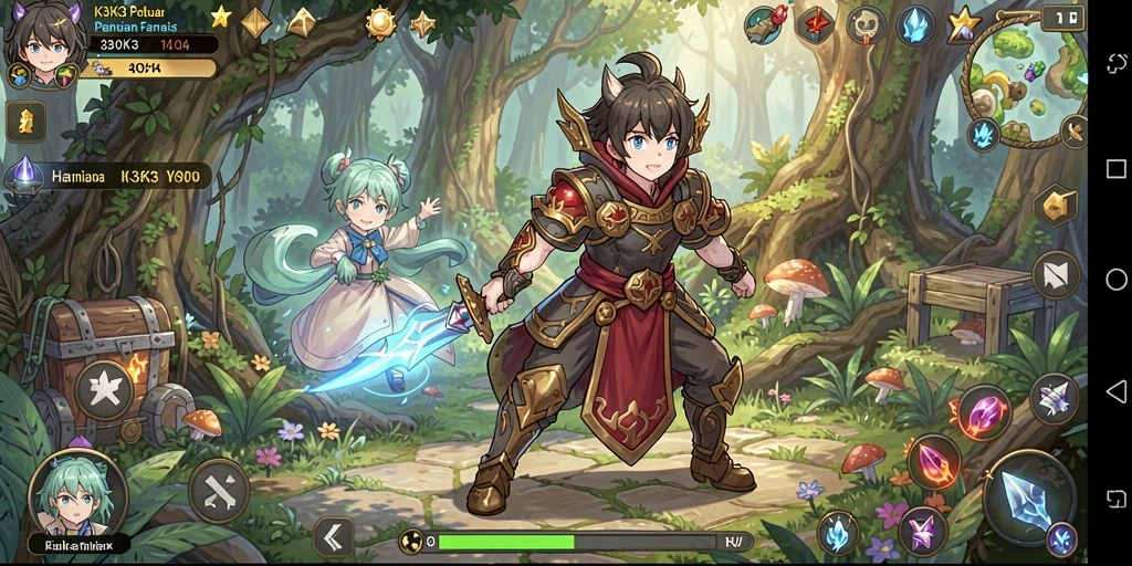 Tampilan gameplay K3K3 yang penuh aksi dan karakter anime menarik.