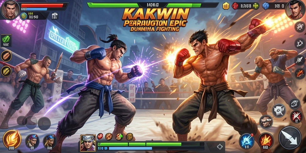Screenshot utama KAKWIN menampilkan pertarungan seru antara dua karakter dalam arena.