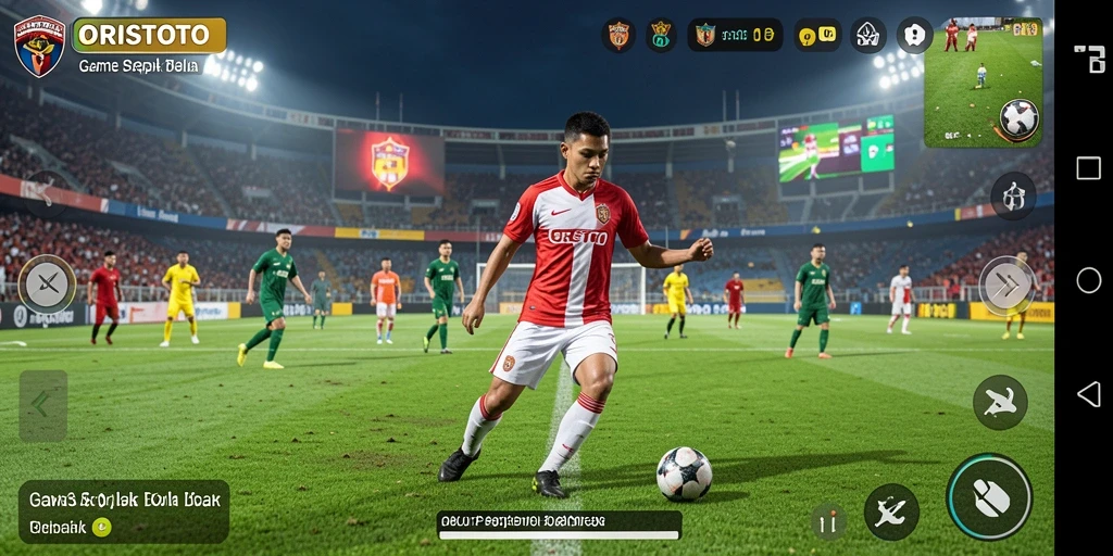 Screenshot menunjukkan aksi seru dalam permainan sepak bola ORISTOTO.