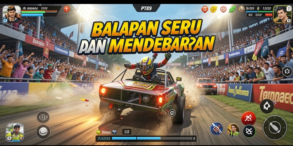 Tangkapan layar dari PT89 menampilkan aksi balapan yang intens dan menegangkan.