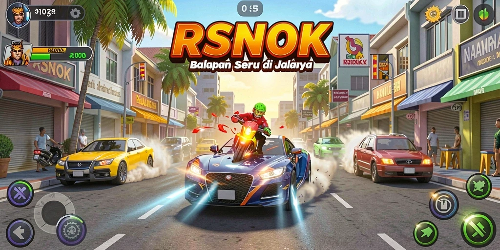 Tampilan gameplay seru dari RSNOK saat balapan di trek menantang.