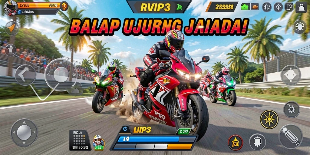 Screenshot gameplay RVIP3 yang menunjukkan momen balap menegangkan.