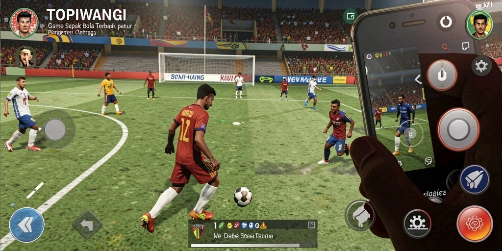 Tampilan dinamis dari gameplay <strong>TOPIWANGI</strong> yang menampilkan aksi sepak bola yang seru.