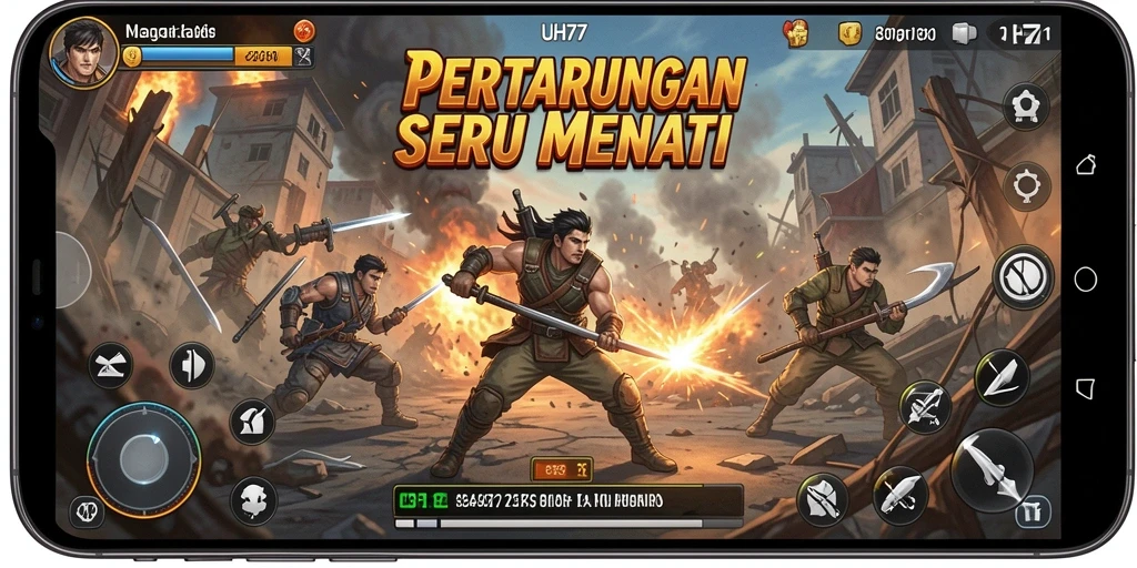 Screenshot UH77 menunjukkan karakter bertarung di arena yang dinamis.