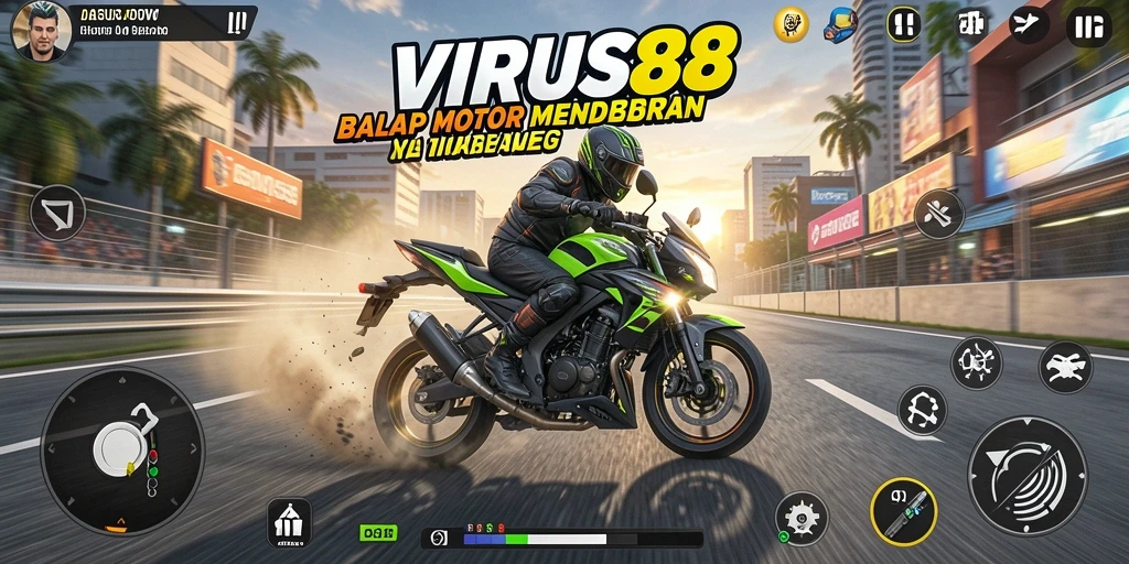 Tangkapan layar gameplay balapan motor yang seru di VIRUS88.