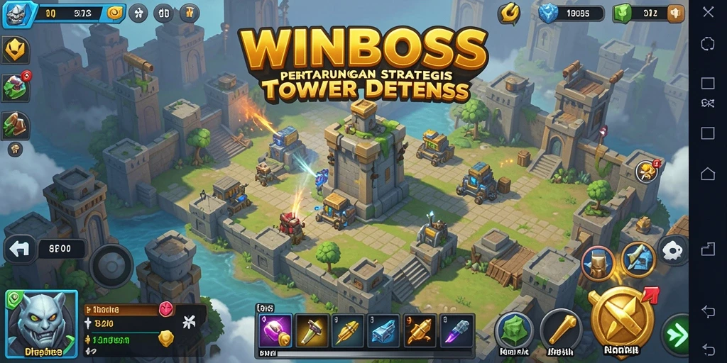 Screenshot gameplay WINBOSS menampilkan aksi menara pertahanan yang mendebarkan.