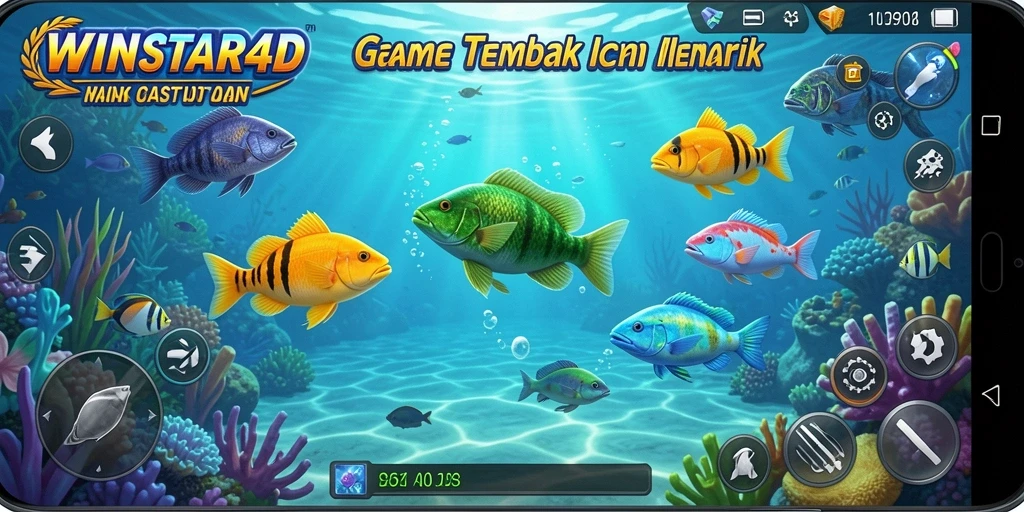 Menampilkan aksi seru dalam permainan Tembak Ikan.